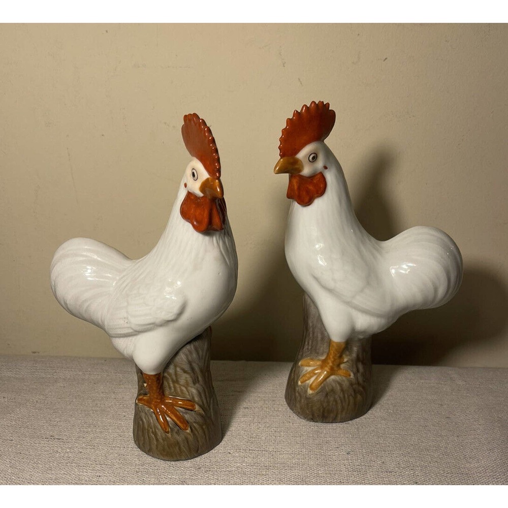 19th - Early 20th C Chinese Porcelain White Roosters Chicken Cockerel Figurines